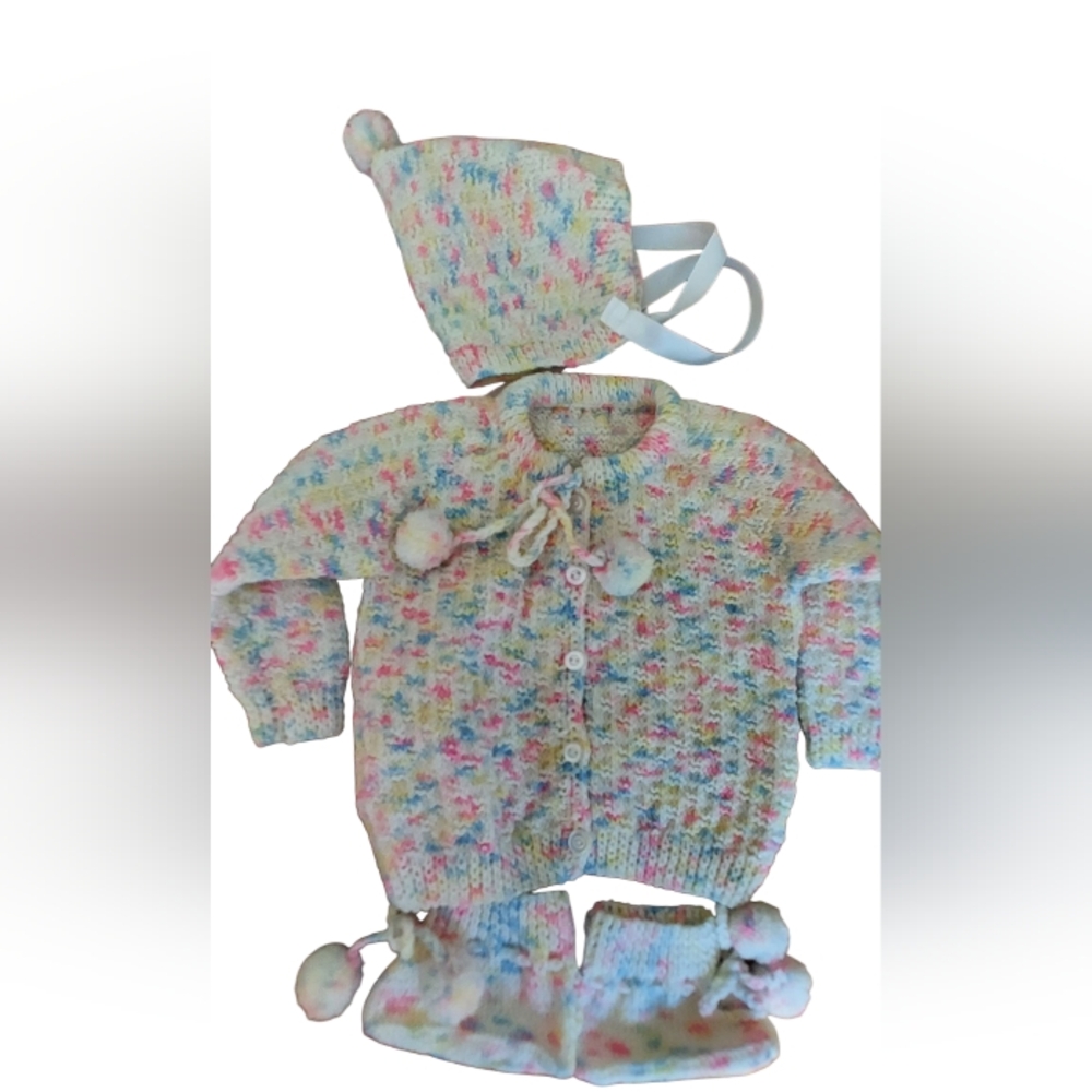 Baby Layette Set Handmade 1960s Sweater Hat Booties Crochet Knit Multicolor Vtg